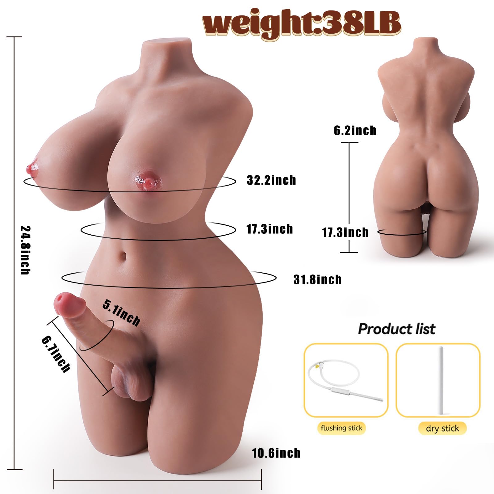 Shemale Sex Doll Torso Male Masturbators with Big Breasts and Huge Dildo, Full Size Sex Doll with Hard Cock and Tight Anal, Realistic Sex Toys with Penis for Women Men Gay Couple 38 LB Adult Toys