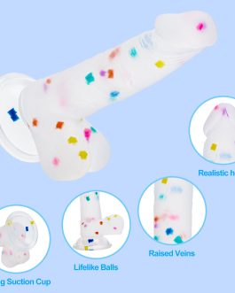 Seiecft 6.5 Inch Confetti Clear Silicone Dildo with Flared Suction Cup Base for Hands-Free Play, Flexible Dildo with Curved Shaft and Balls for Vaginal G-Spot and Anal Prostate