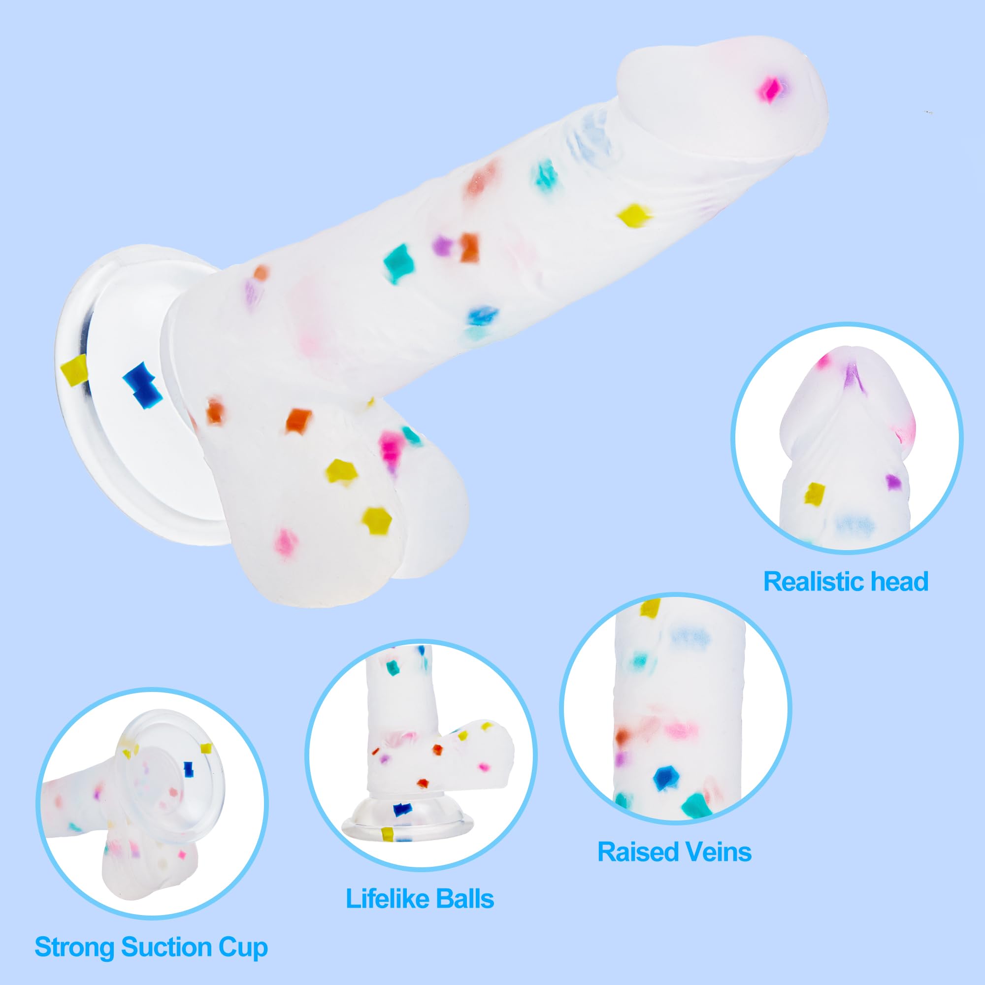 Seiecft 6.5 Inch Confetti Clear Silicone Dildo with Flared Suction Cup Base for Hands-Free Play, Flexible Dildo with Curved Shaft and Balls for Vaginal G-Spot and Anal Prostate