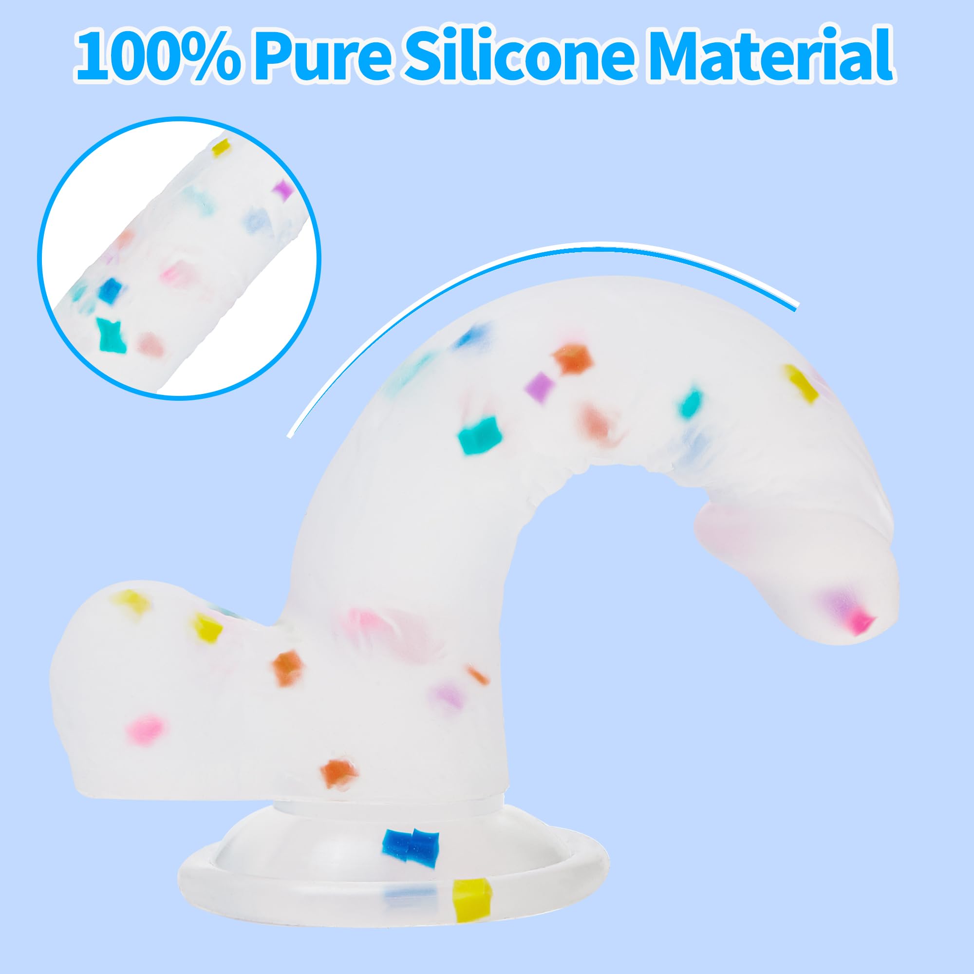 Seiecft 6.5 Inch Confetti Clear Silicone Dildo with Flared Suction Cup Base for Hands-Free Play, Flexible Dildo with Curved Shaft and Balls for Vaginal G-Spot and Anal Prostate