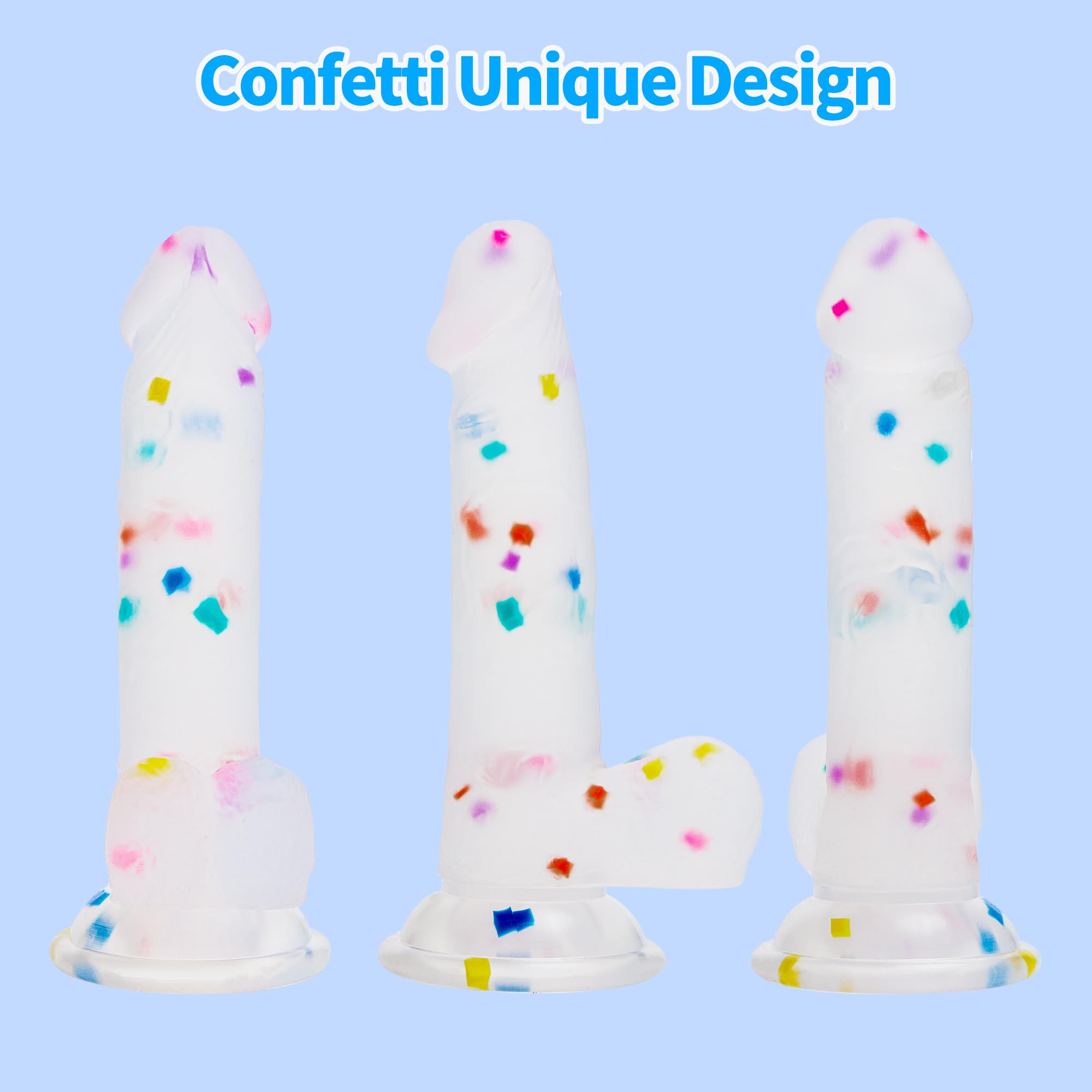 Seiecft 6.5 Inch Confetti Clear Silicone Dildo with Flared Suction Cup Base for Hands-Free Play, Flexible Dildo with Curved Shaft and Balls for Vaginal G-Spot and Anal Prostate