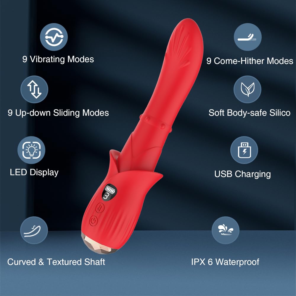 Thrusting Dildo, LED Display G Spot Vibrator with 9 Vibrating, Come-Hither and Up-Down Sliding Modes, Sex Toys Women, Rose Vibrator Wand Clitoral Stimulation