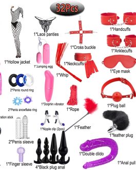 BDSM Restraints Sex Toys 32 Pcs Bondage Restraints Kits Crops Anal Plug Set Butt Plug Anal Plug Sex Toys Vibrator Anal Dildo BDSM Toy Kit for Women and Men
