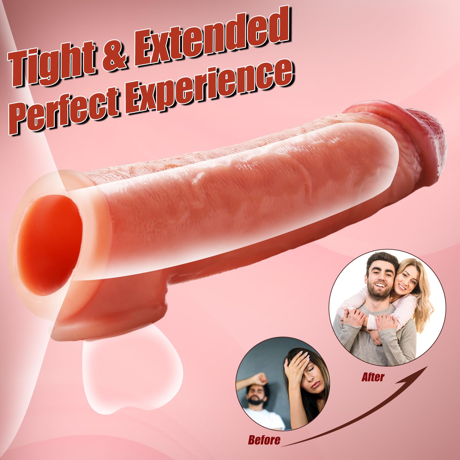 Realistic 8" Penis Sleeve Extender for Men, Soft Silicone Cock Sleeve with Scrotum Ring, Reusable Penis Enlarger for Thicker & Longer Erection, Delay Ejaculation Adult Sex Toy for Men & Couples