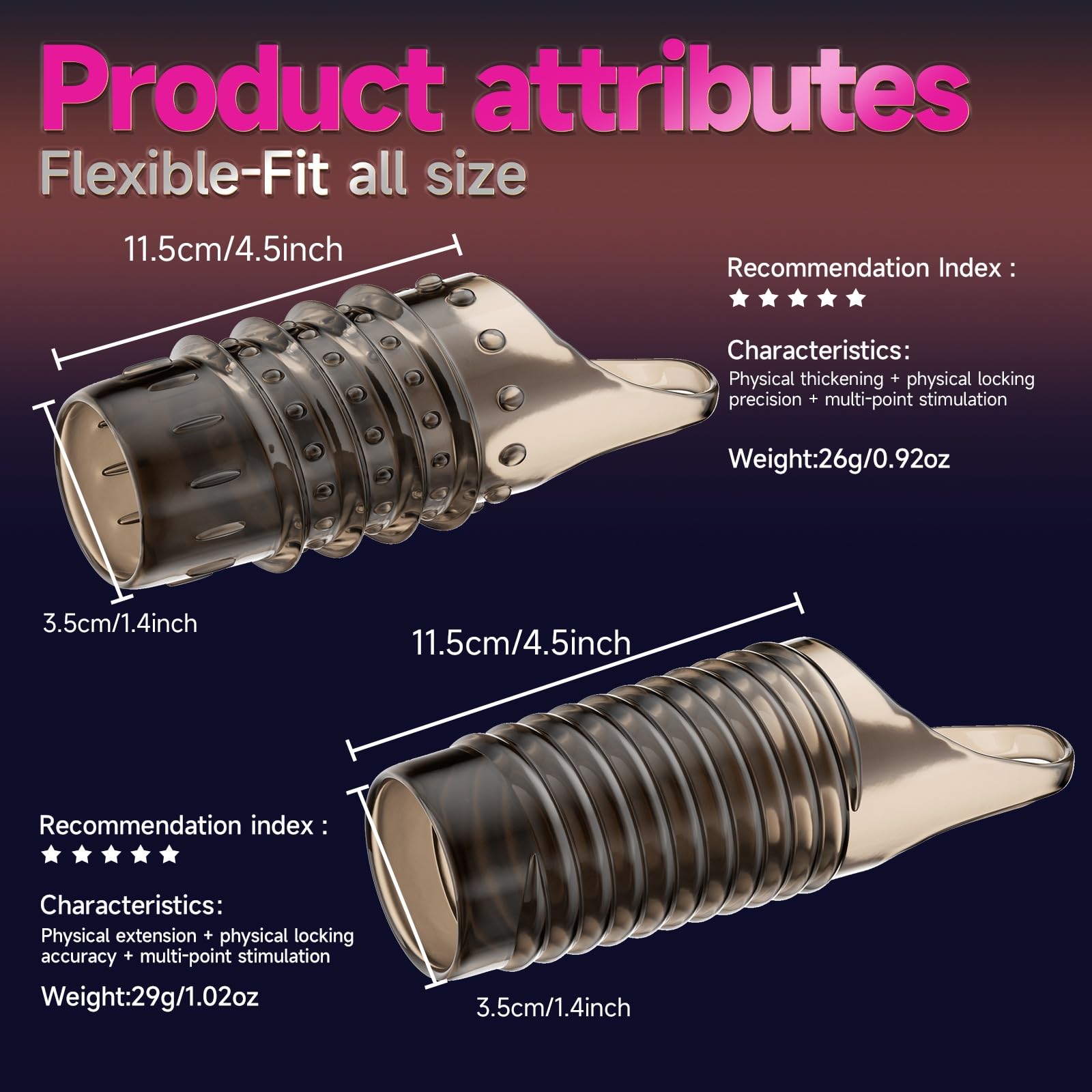 Cock Rings for Men, Reusable Penis Enlarge Sleeves Girth, Delay Ejaculation Stronger Erection Enhancement Sex Toys Silicone Penis Rings for Men - 2pcs - Transparent Black