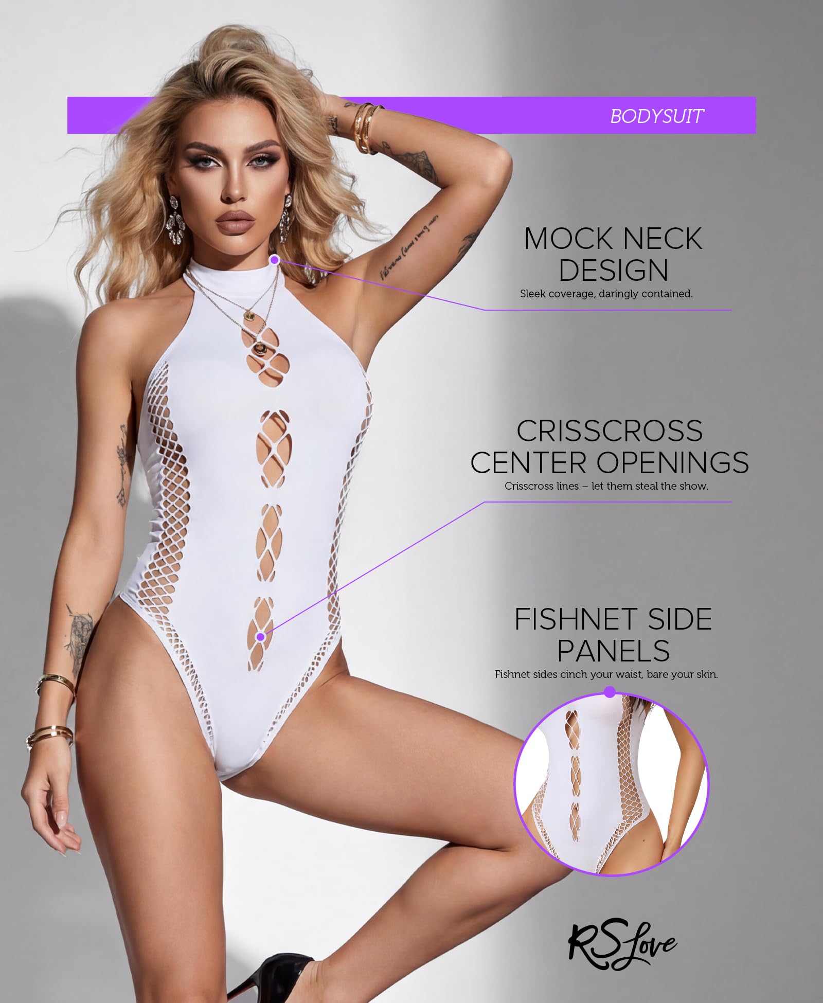 RSLOVE One Piece Lingerie for Women - Fishnet Bodysuit Cutout Mesh Teddy Sexy Stripper Rave Outfits Exotic Bodystocking White