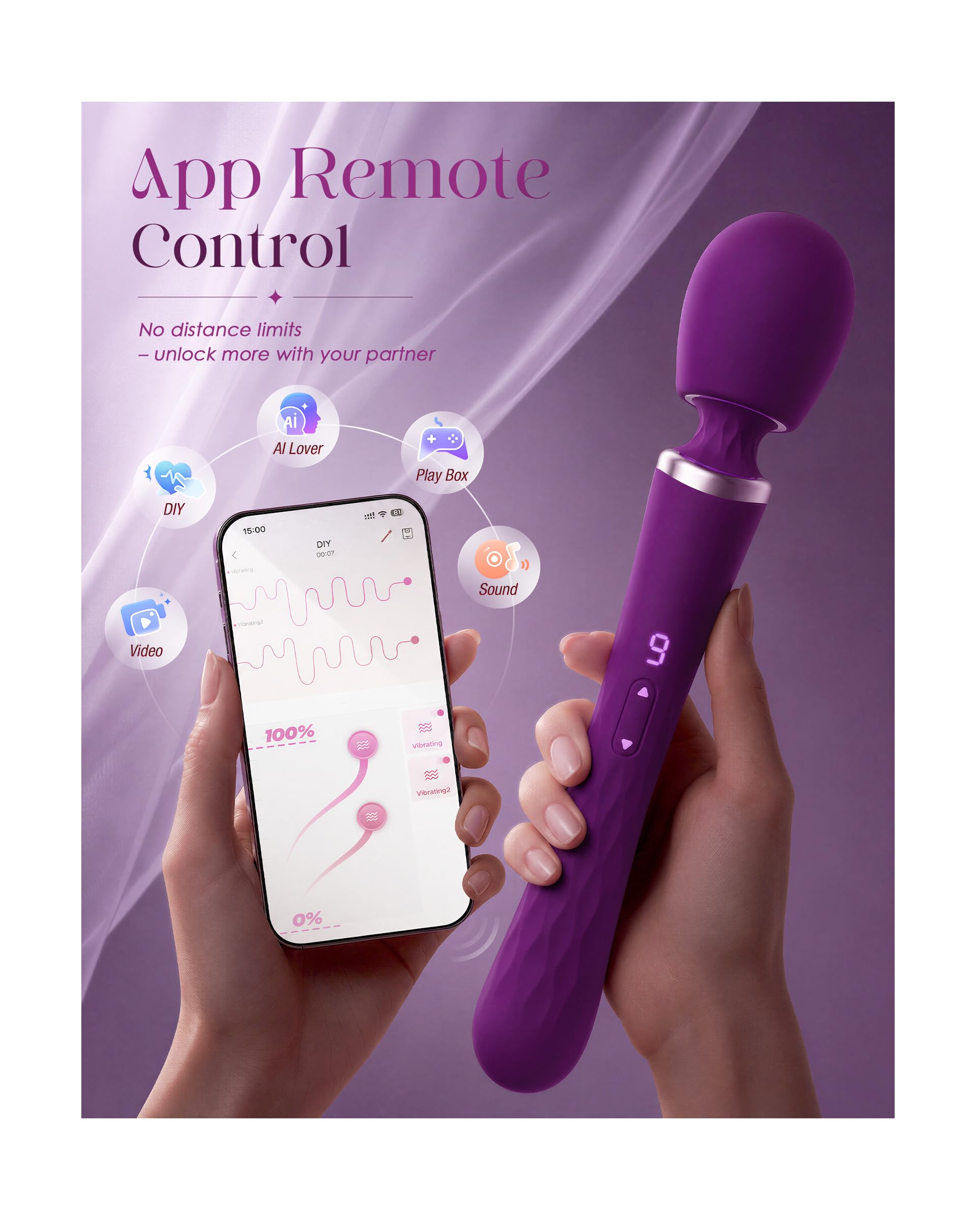MOOLIGIRL Vibrator Wand Dual-Ended Dildo, APP Controlled Women Sex Toys with 9 + 9 Vibration Modes, Powerful and Quiet, IPX7 Waterproof Rechargeable G Spot Vibrators for Solo & Couple Play