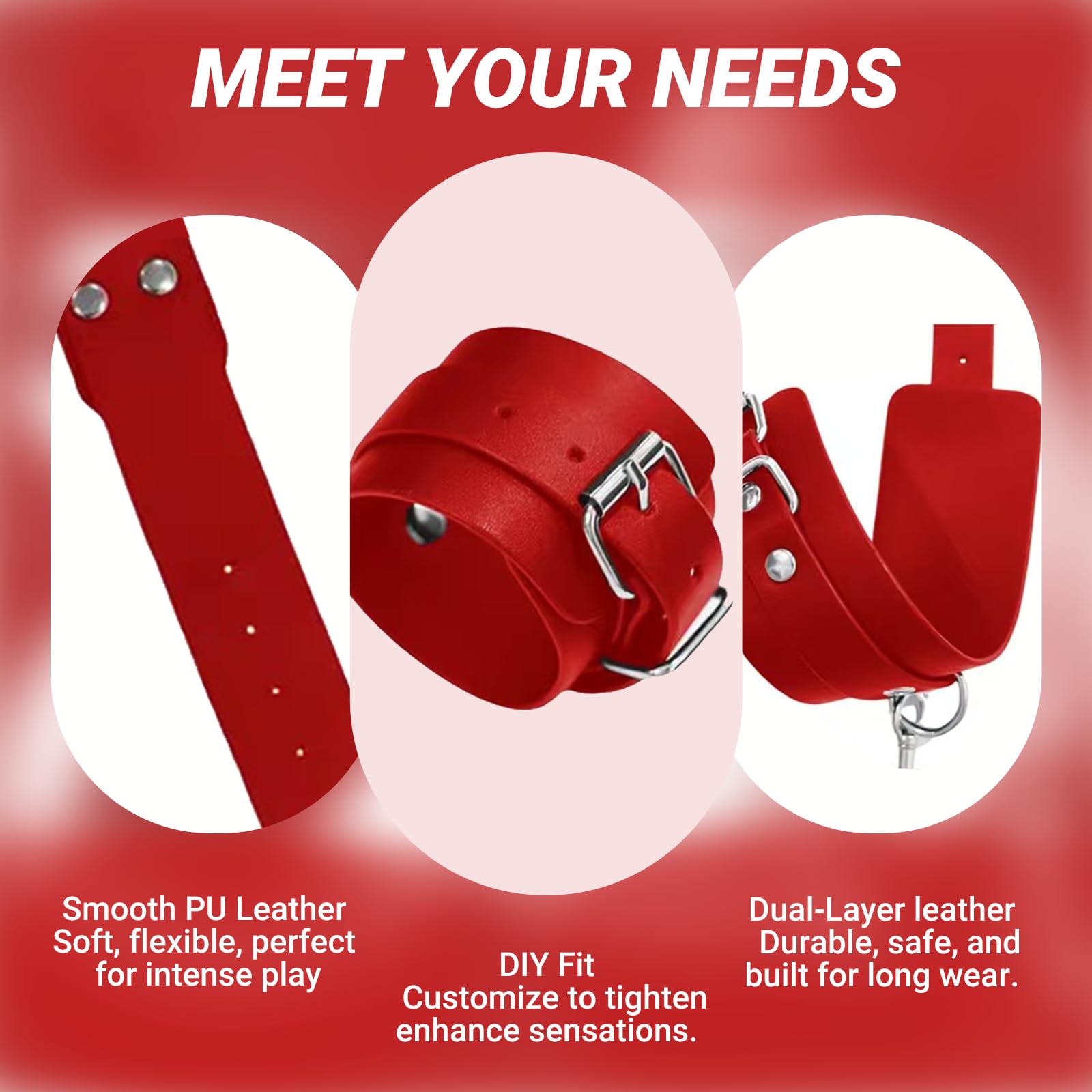 Breast Bondage Restraints Set for Couples – Adjustable Leather BDSM Harness with Handcuffs, Collar, Traction Chain & Whip – Kinky Adult Toys for Bedroom Roleplay, Fits B-E Cup (Red)