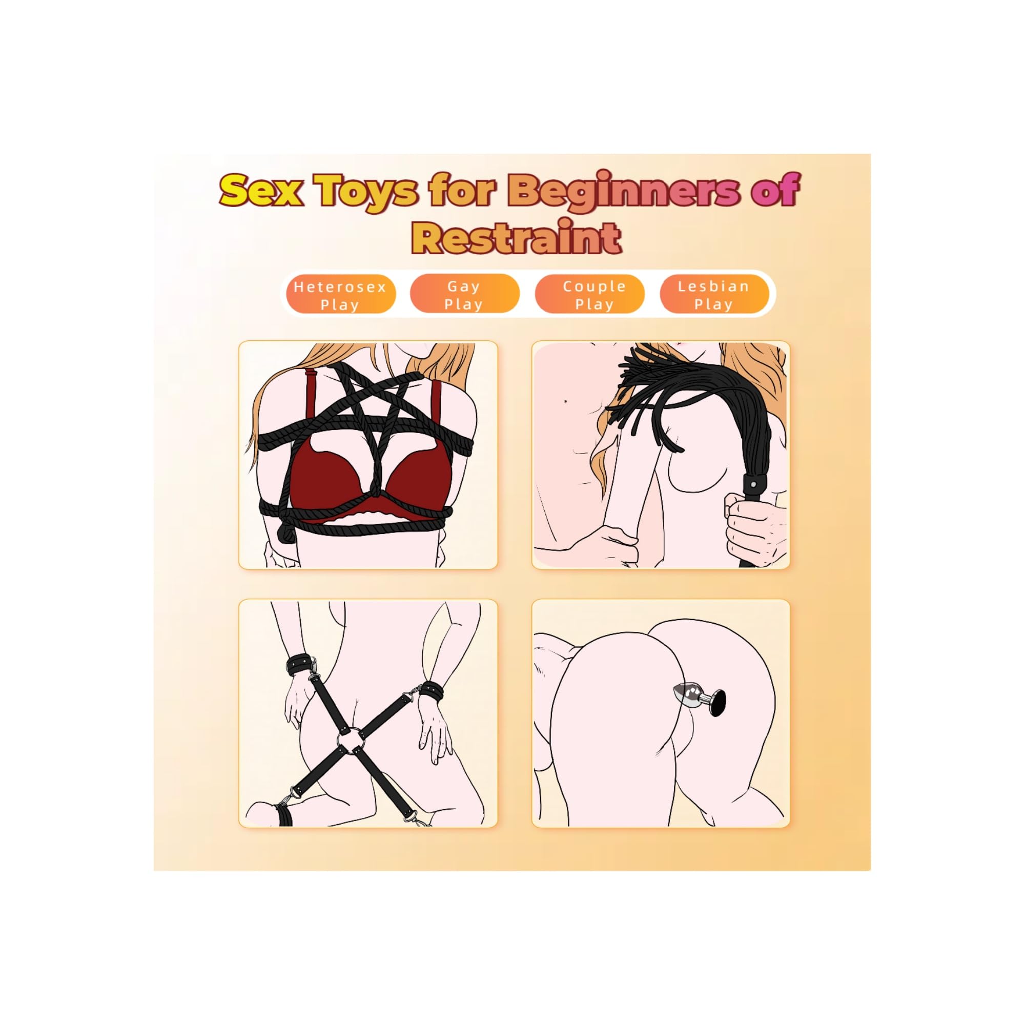 Sex Bondage Restraint Kits BDSM Toys 12 Pcs Handcuffs Ankle Cuffs Anal Plug Nipple Clamps Ball Gag Blindfold Rope Leather Restraints Set Adjustable for Adult Beginners (Black)