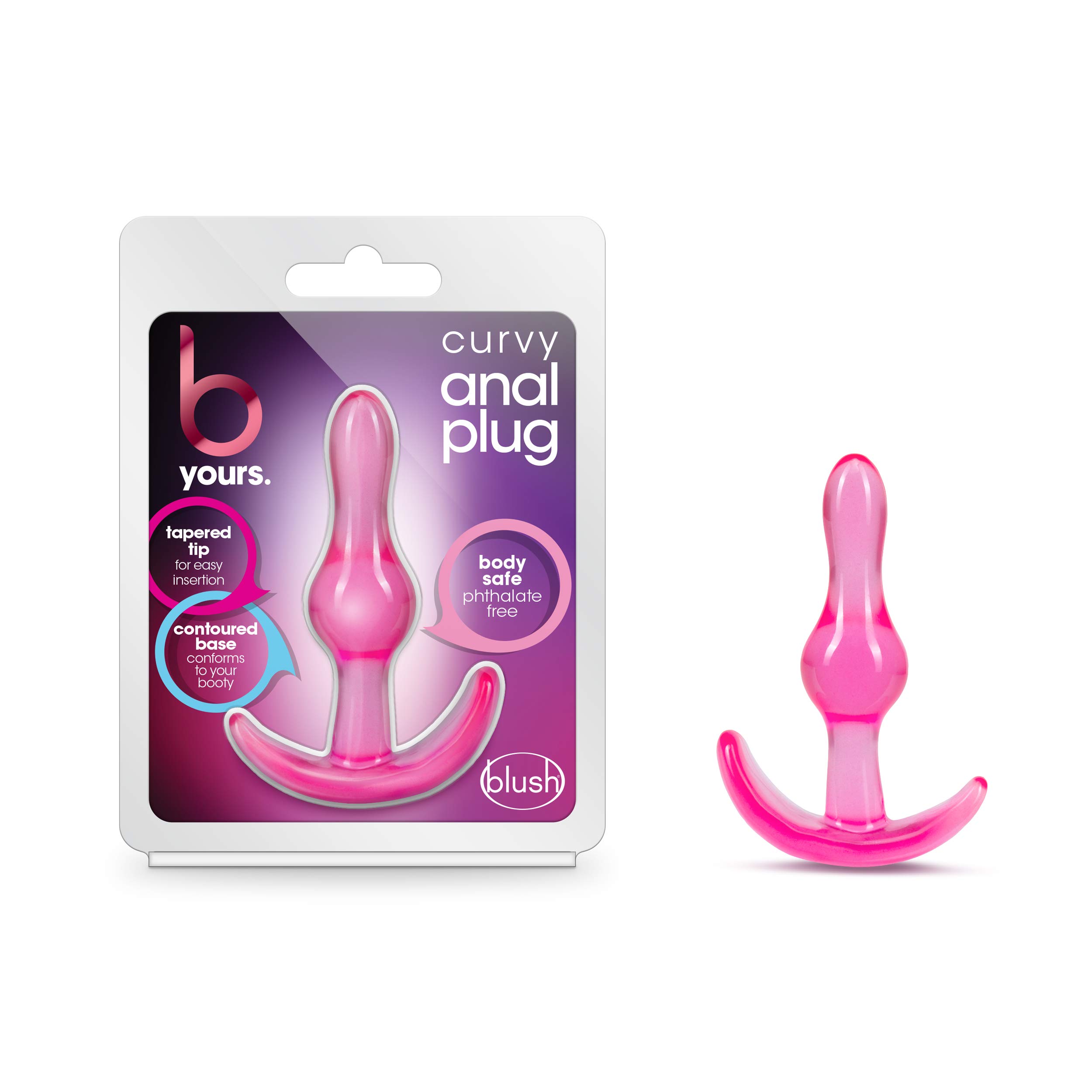 Blush Curvy Anal Plug - Wearable 3.5" Beginners Anal Toy - StayPut & AnchorTech Design - Tapered, Soft, Flexible for Comfort - Beginners Butt Plug - Adult Sex Toys for Women Men & Couples - Clear Pink