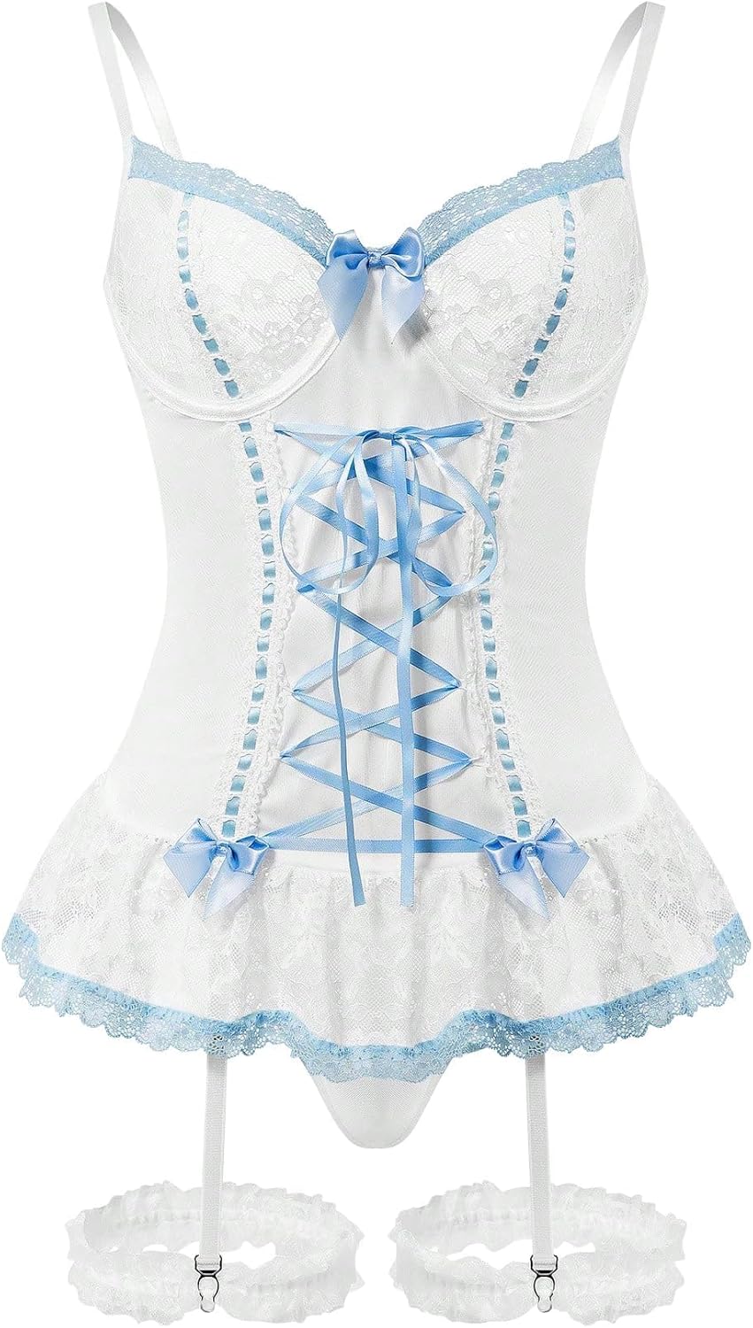 Sexy Mesh Corset Ruffle Lace Up Underwire Sheer Garter Belt Babydoll Lingerie Set With Thong 3 Piece Women