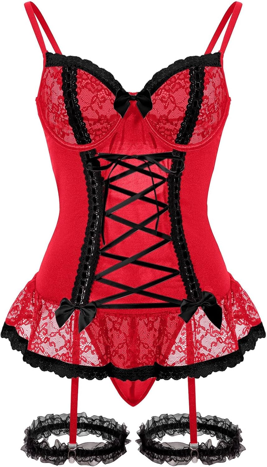 Sexy Mesh Corset Ruffle Lace Up Underwire Sheer Garter Belt Babydoll Lingerie Set With Thong 3 Piece Women