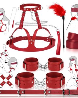 13-Pcs Sex Bondage Toys BDSM Beginners Kit for Women Couples, Adjustable Breasts Restraints, Collor and Leash, Wrist and Ankle Cuffs with Hog Tie, Behind Back Restraints, Blindfold & Tickler （ Red ）