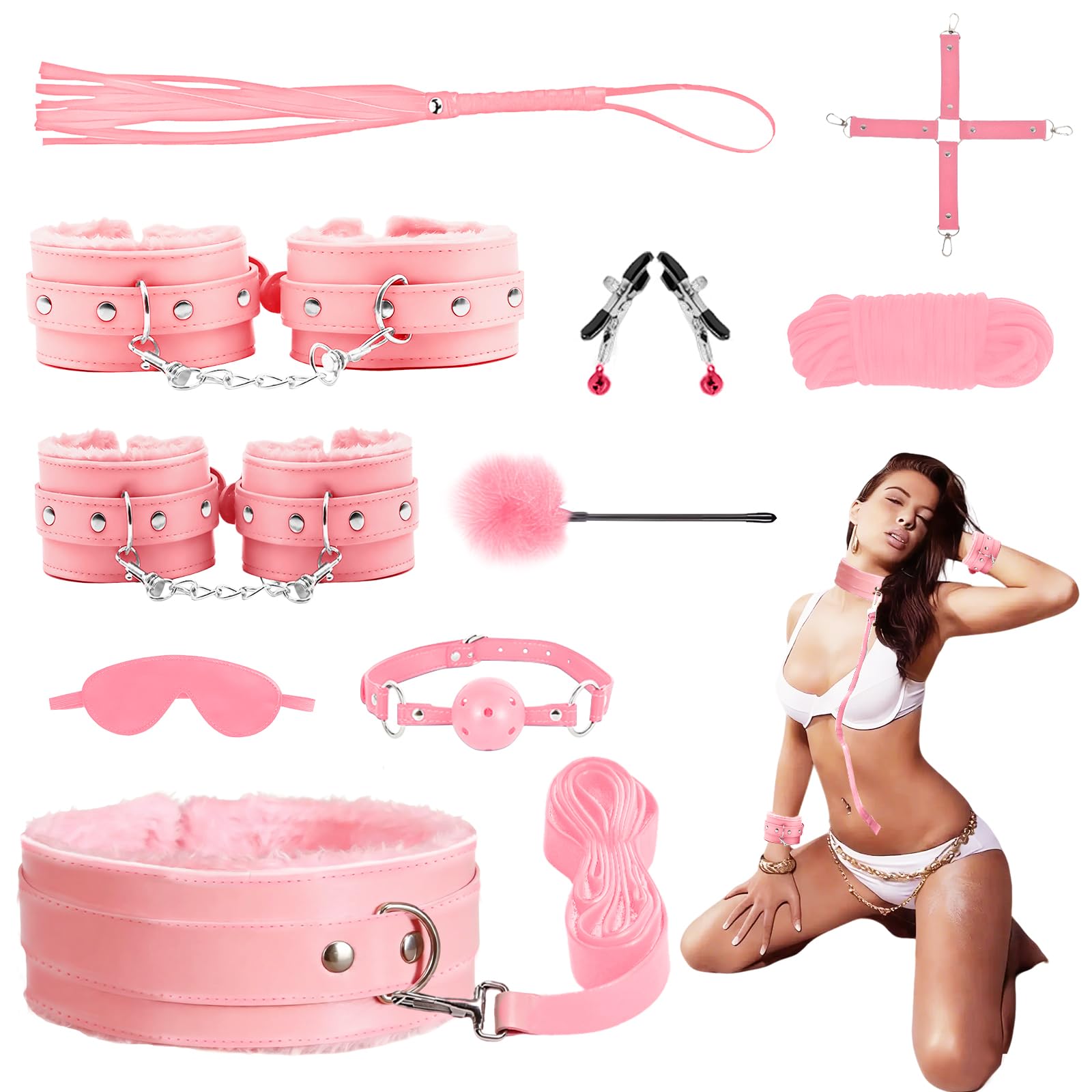 BDSM Bondage Kit Sex Toys 10 Pcs Sex Bondage Set for Beginners Ball Gag Bondage Rope BDSM Kit for Couples (Pink)