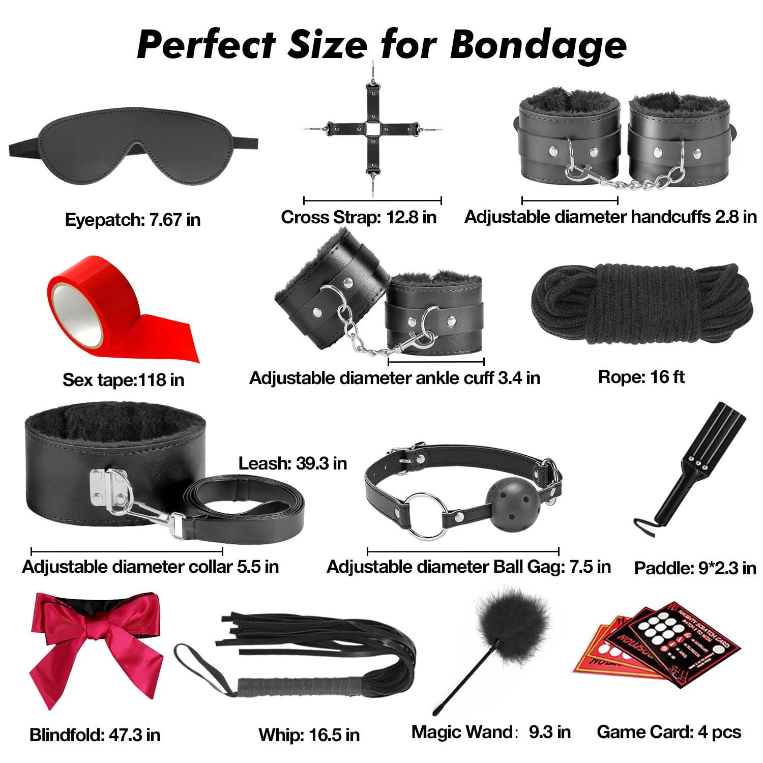 Sex Toys BDSM Restraints Dildo, 36Pcs Kit Bondage Gear and Accessories for Adult Women and Couples (Blcak)