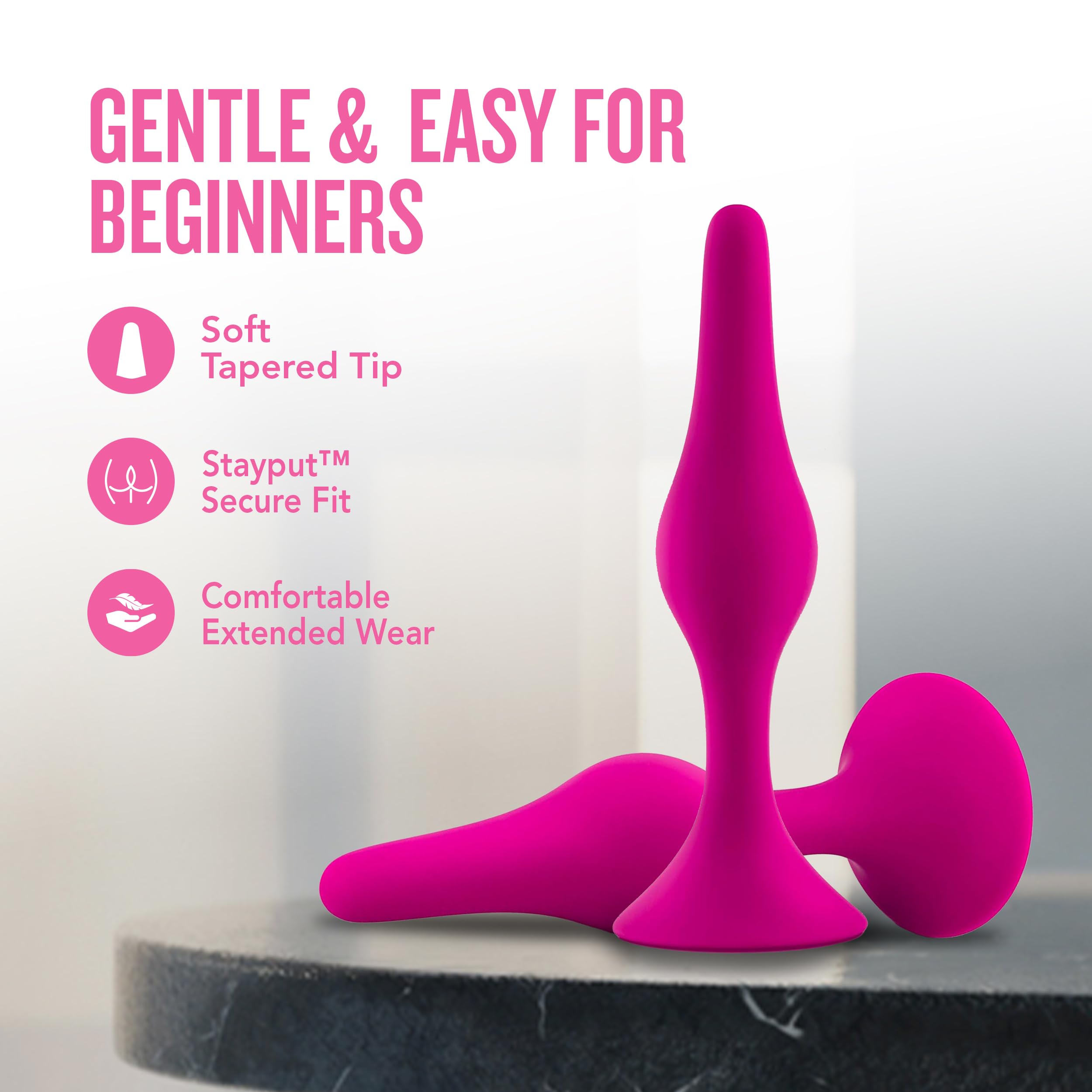Blush Luxe Beginner 3.25" Silicone Butt Plug - Satin Smooth Anal Trainer with Soft Tapered Tip and Suction Cup Base - Slim Bum Plug Adult Sex Toy for Women, Men & Couples - (Pink)