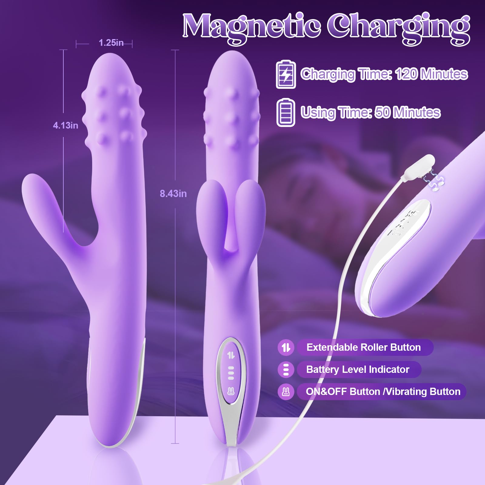 Vibrator Sex Toys Thrusting Dildo - Rolling G Spot Stimulator with Tri-Row 360°Rotating Beads + 10 Thrust + 10 Vibration for Dual Rabbit Ears, Ultra-Soft Liquid Silicone Adult Toy for Women Men Couple