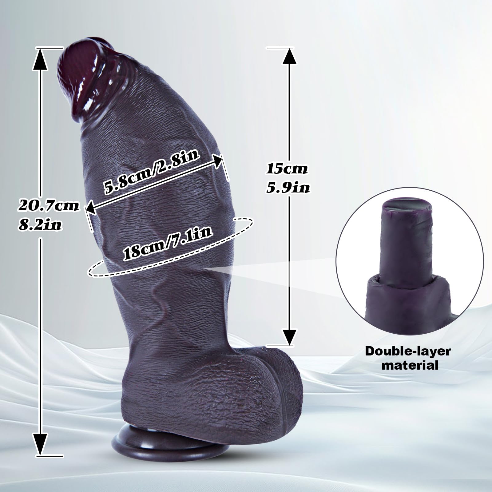 8.2" Realistic Large Black Dildo, 2.8" Thick Dual Density Silicone Dildo with Lifelike Texture,Suction Cup,Wide Big Adult Toy for G-Spot and Anal Prostate Stimulation,Suitable for Men and Women