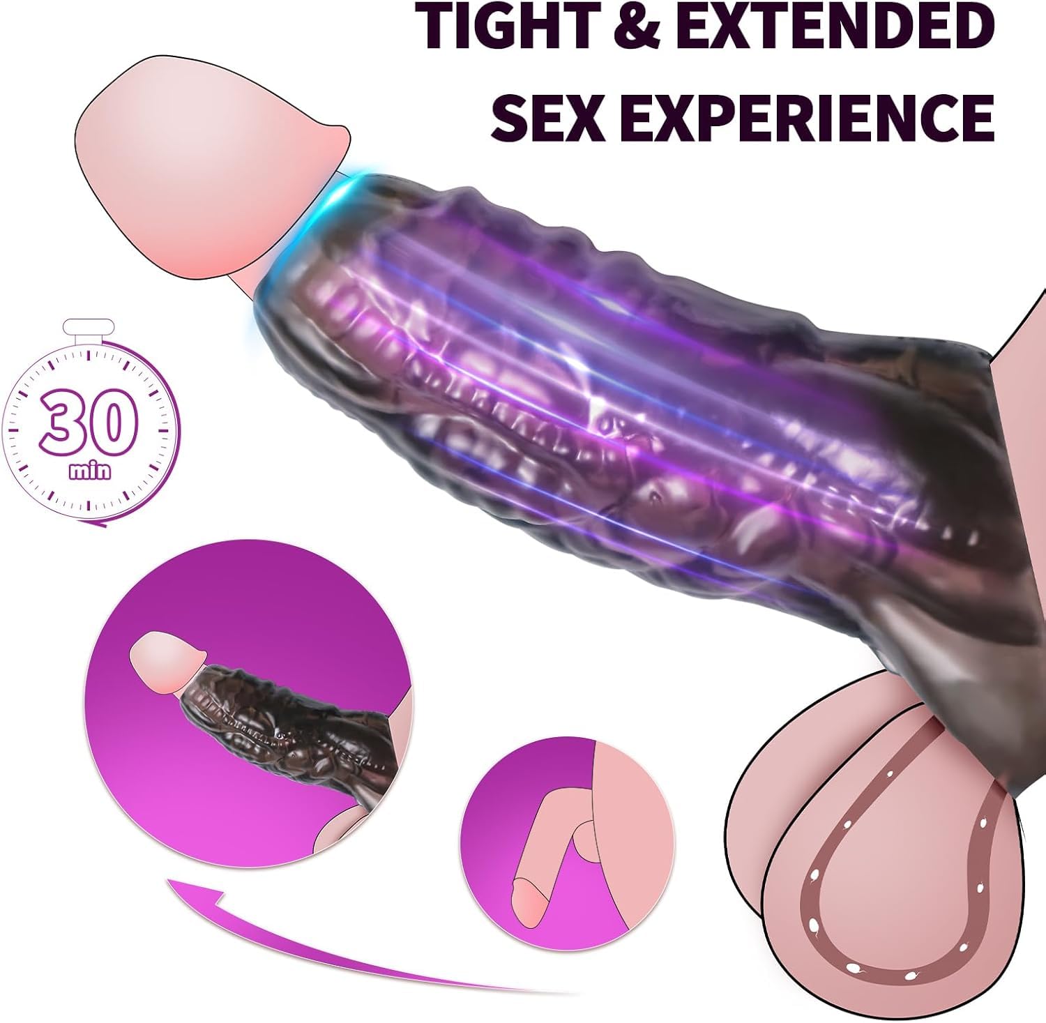 Monster Penis Sleeve with 3 Textures, Girth Enhancer for Men, Soft Silicone Cock Extender, Reusable Penis Sheath for Enlarge & Delay, Realistic Veins Sex Toys for Couples(Black)