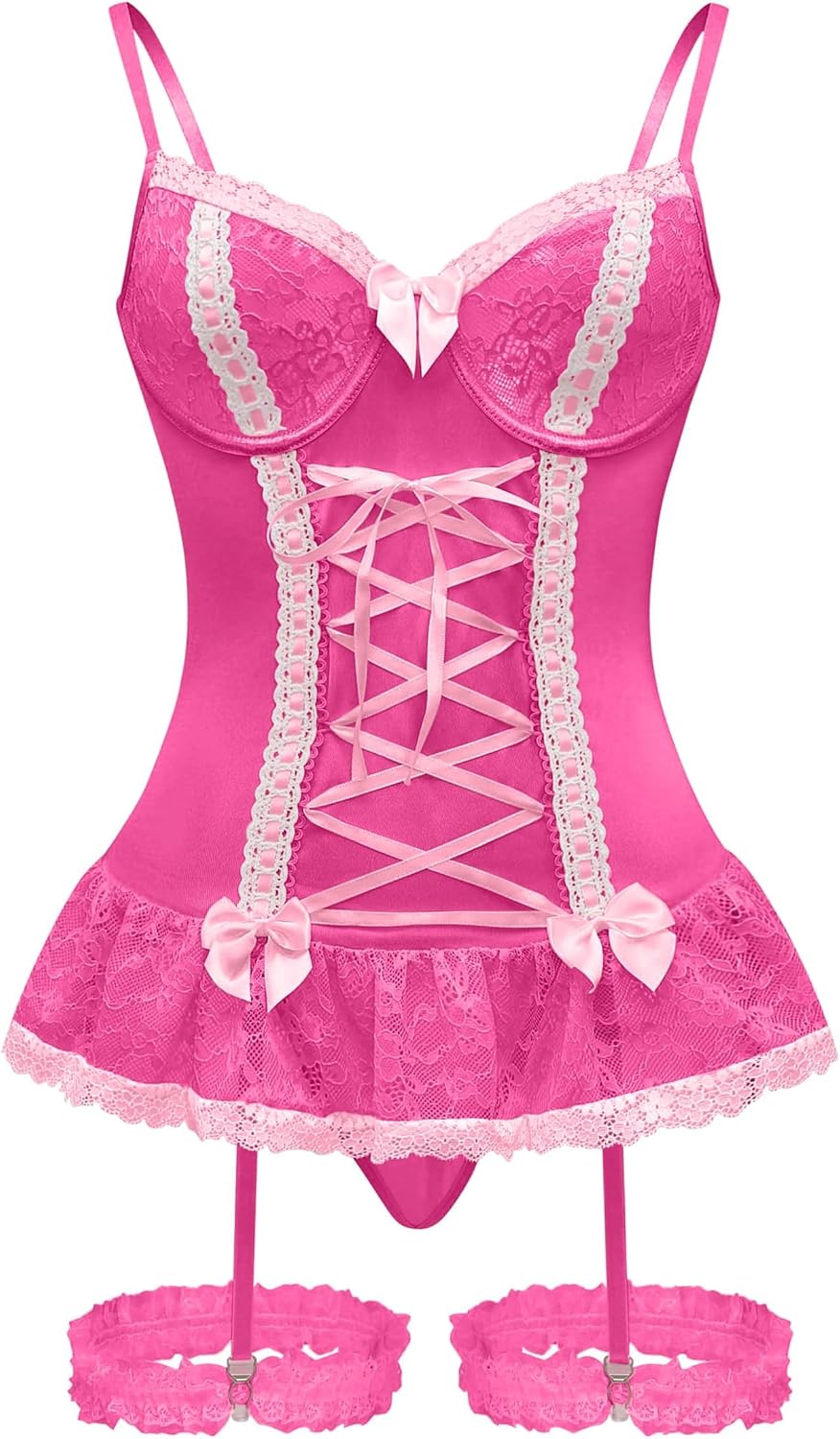 Sexy Mesh Corset Ruffle Lace Up Underwire Sheer Garter Belt Babydoll Lingerie Set With Thong 3 Piece Women