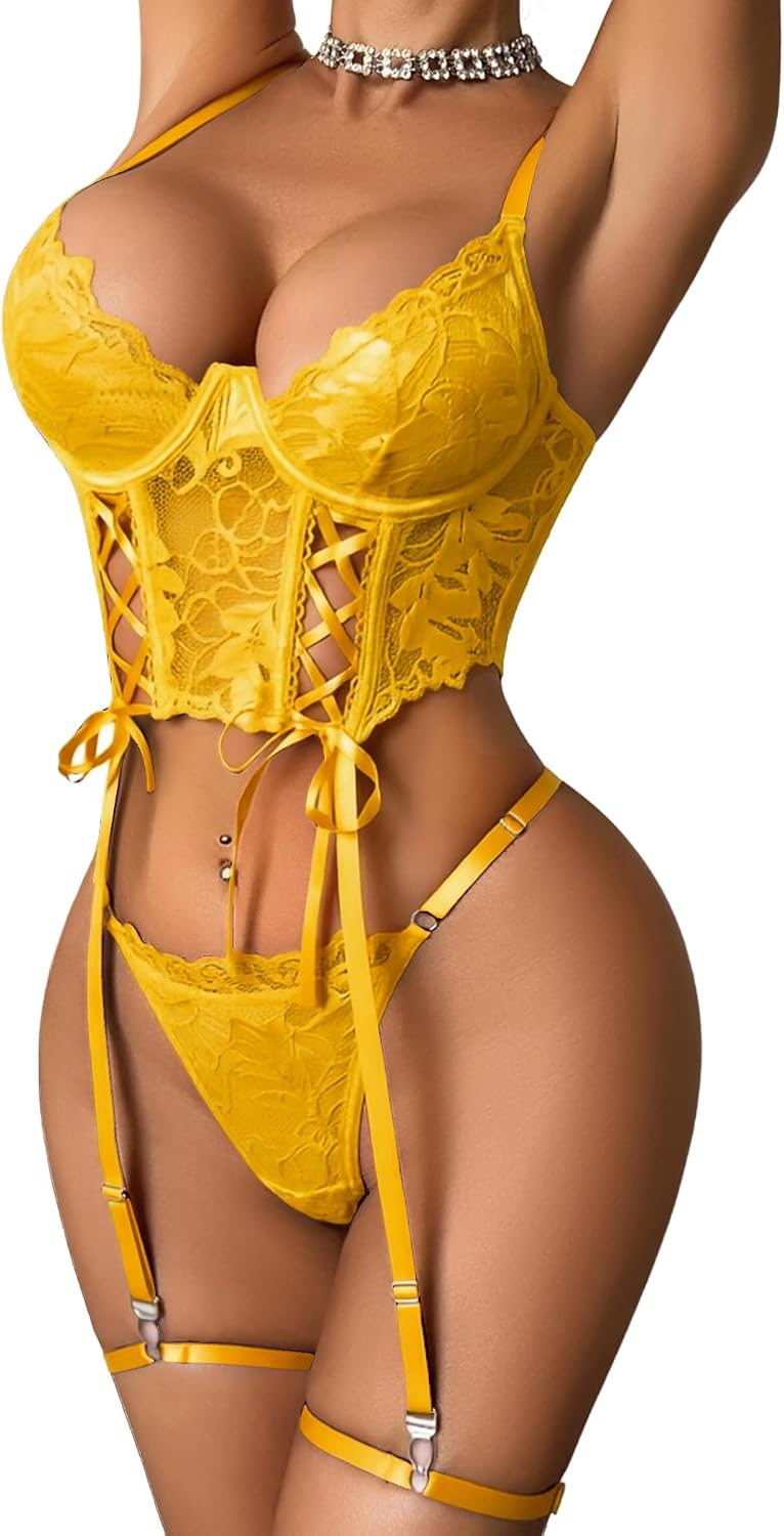 Avidlove Women's Lingerie 4 Piece Garter Lingerie Floral Lace Bra and Panty Sets with Underwire S-XXL