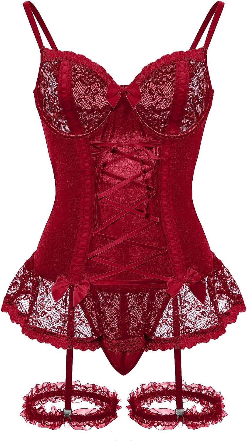 Sexy Mesh Corset Ruffle Lace Up Underwire Sheer Garter Belt Babydoll Lingerie Set With Thong 3 Piece Women