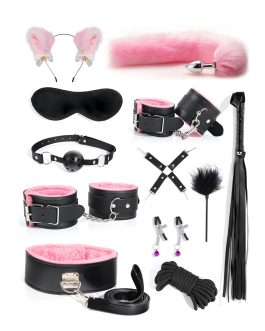 12pcs BDSM Bondage Kit, Restraints Set Sex Toys Anal Plug Tail Adult Bondage Gear & Accessories Esposas Sexuales, Bondage Equipment for Women Men Couple Black&Pink