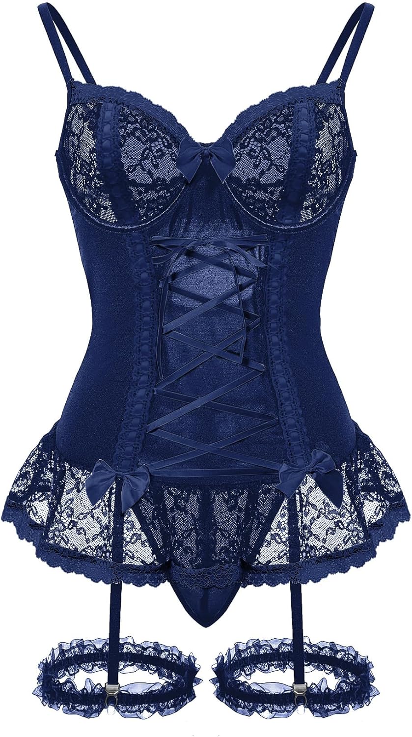 Sexy Mesh Corset Ruffle Lace Up Underwire Sheer Garter Belt Babydoll Lingerie Set With Thong 3 Piece Women