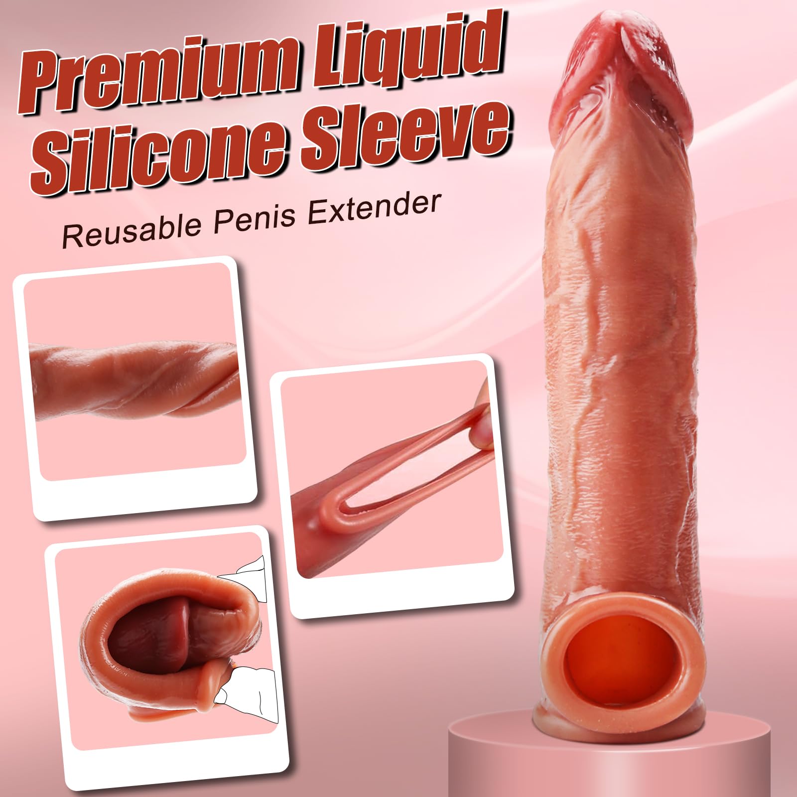 Realistic 8" Penis Sleeve Extender for Men, Soft Silicone Cock Sleeve with Scrotum Ring, Reusable Penis Enlarger for Thicker & Longer Erection, Delay Ejaculation Adult Sex Toy for Men & Couples