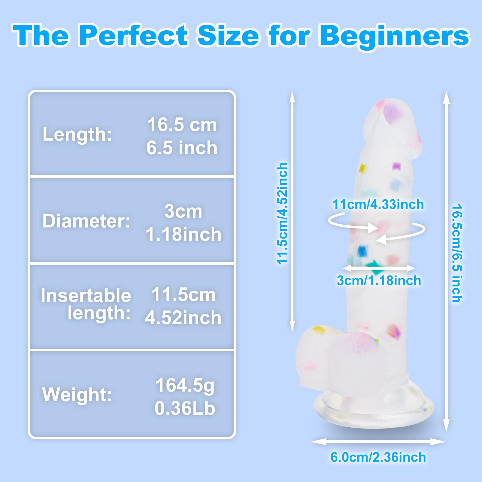 Seiecft 6.5 Inch Confetti Clear Silicone Dildo with Flared Suction Cup Base for Hands-Free Play, Flexible Dildo with Curved Shaft and Balls for Vaginal G-Spot and Anal Prostate