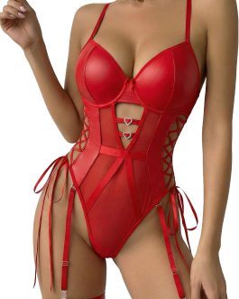 Avidlove Sexy Lingerie for Women Leather Teddy Lingerie Mesh Bodysuit Garter Belt Set S-XXL(No leg ring)