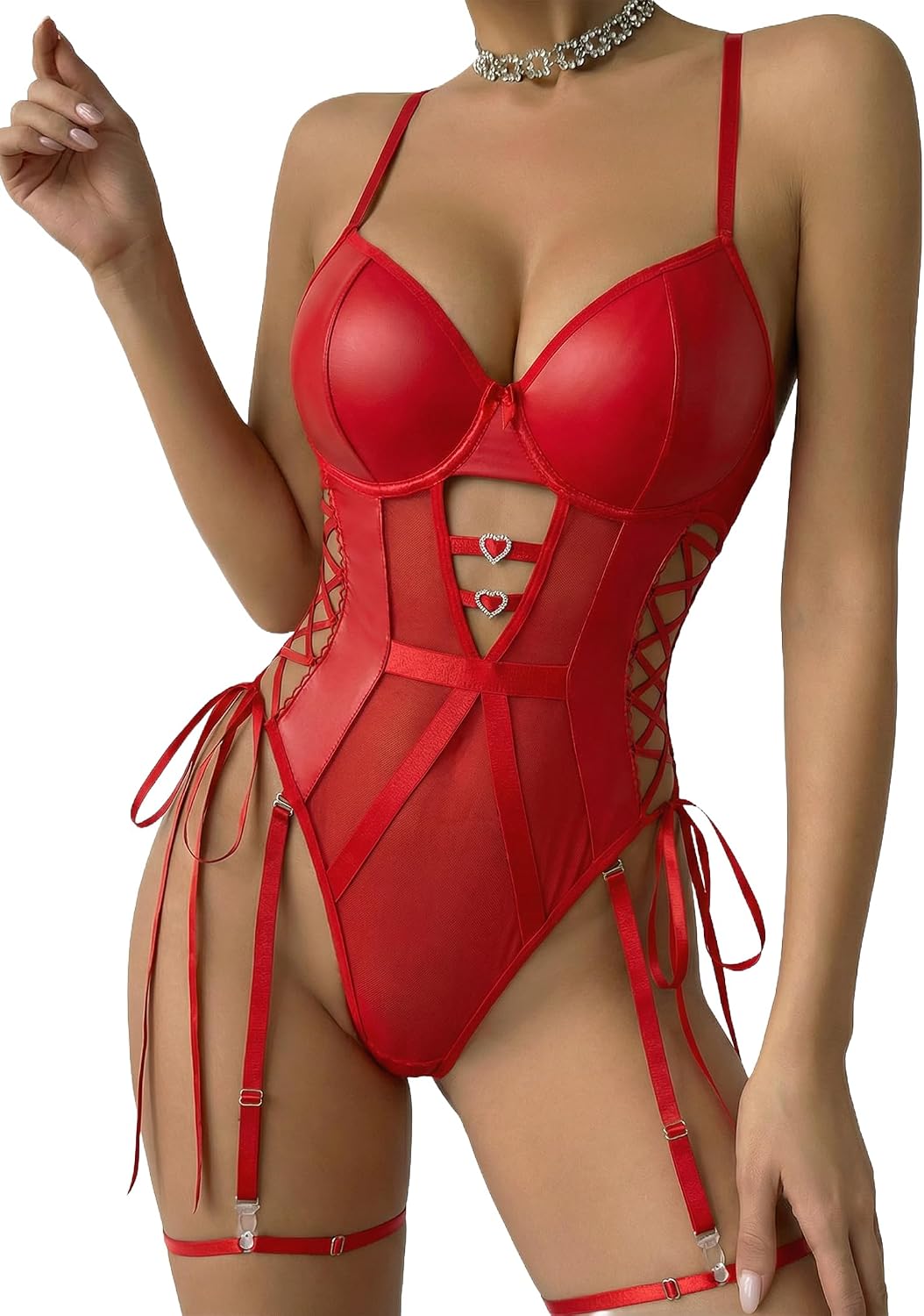 Avidlove Sexy Lingerie for Women Leather Teddy Lingerie Mesh Bodysuit Garter Belt Set S-XXL(No leg ring)