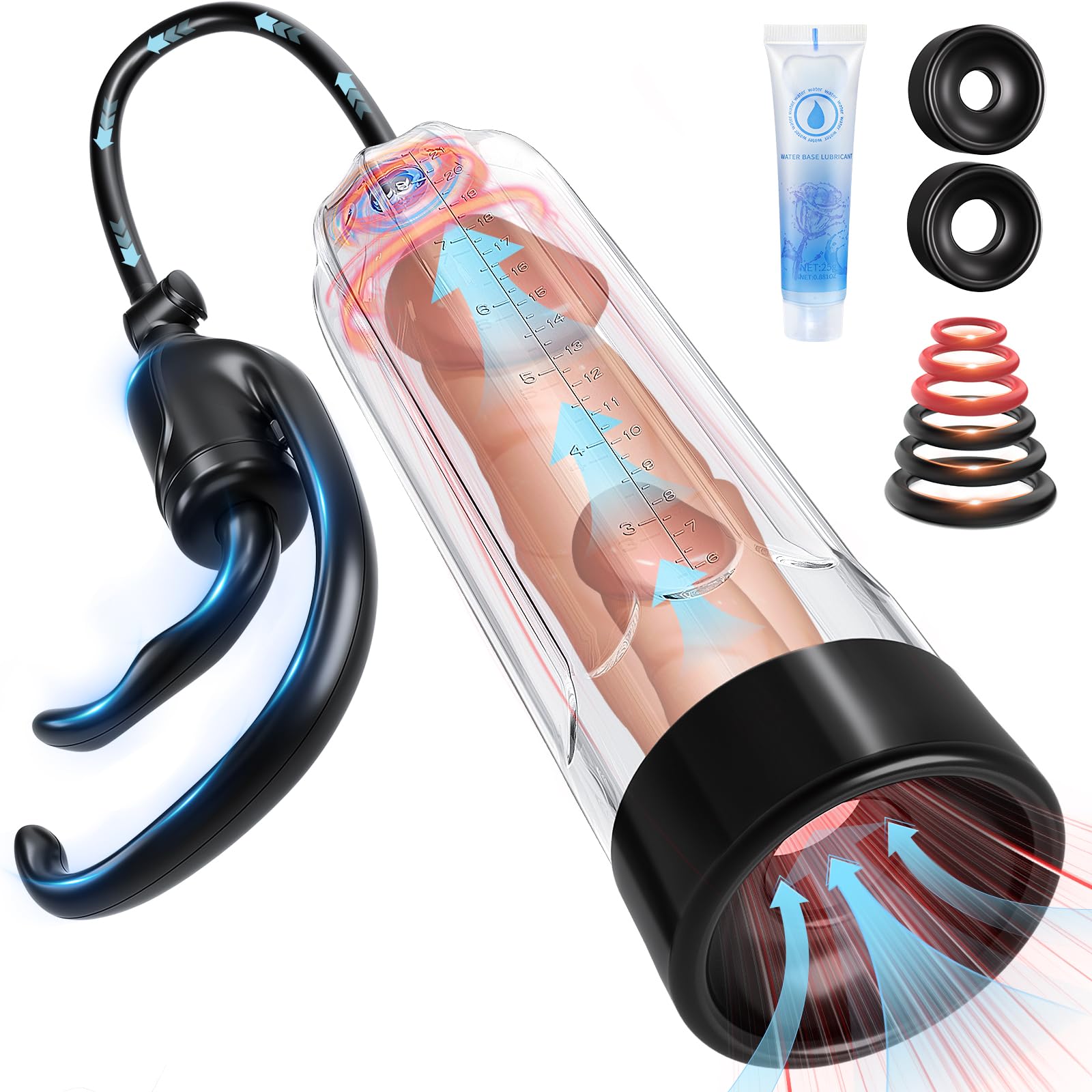 Penis Enlarge Vacuum Pump, Manual Pennis Extender Enlarger Enlargement Pump Air Pressure Device, Adult Male Sex Toys for Men Stronger Bigger Erections with 2 Suction Sleeve & 6 Penis Rings and Lube