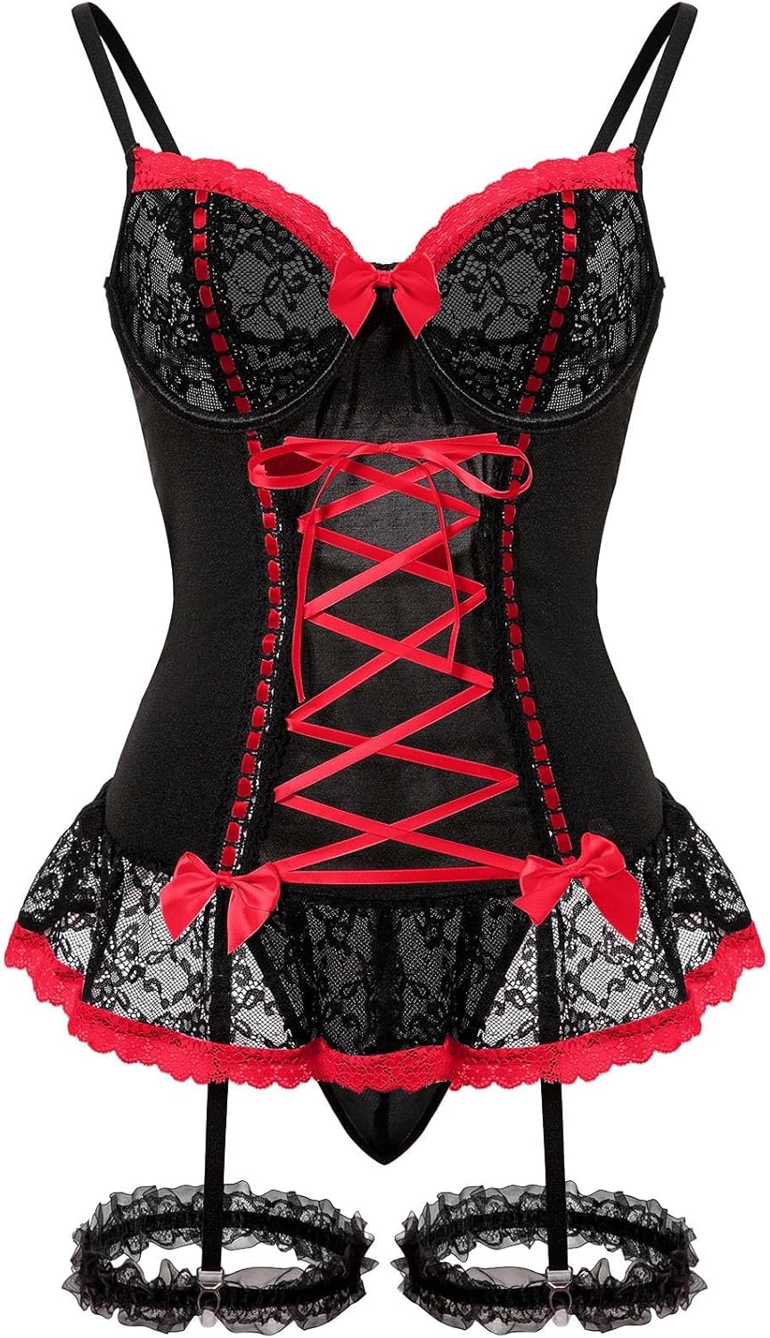 Sexy Mesh Corset Ruffle Lace Up Underwire Sheer Garter Belt Babydoll Lingerie Set With Thong 3 Piece Women
