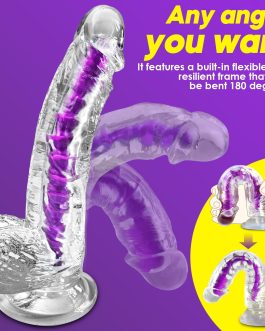 Clear Realistic Dildo Sex Toys for Beginner, 8 Inch Dildo with Adjustable Skeleton, Dual-Density Adult Toy, Strap on Curved Dildo for Hands-Free Play, Purple Dildos G-Spot & Anal Toy for Women Men