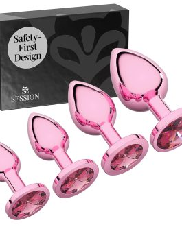 Session Jewel Butt Plug Beginner 4 Piece Set – X-Small, Small, Medium, Large – Wide Base Prevents Slippage – Metal Anal Sex Adult Toy for Men & Women – Pink & Pink – Circle Shaped Charm