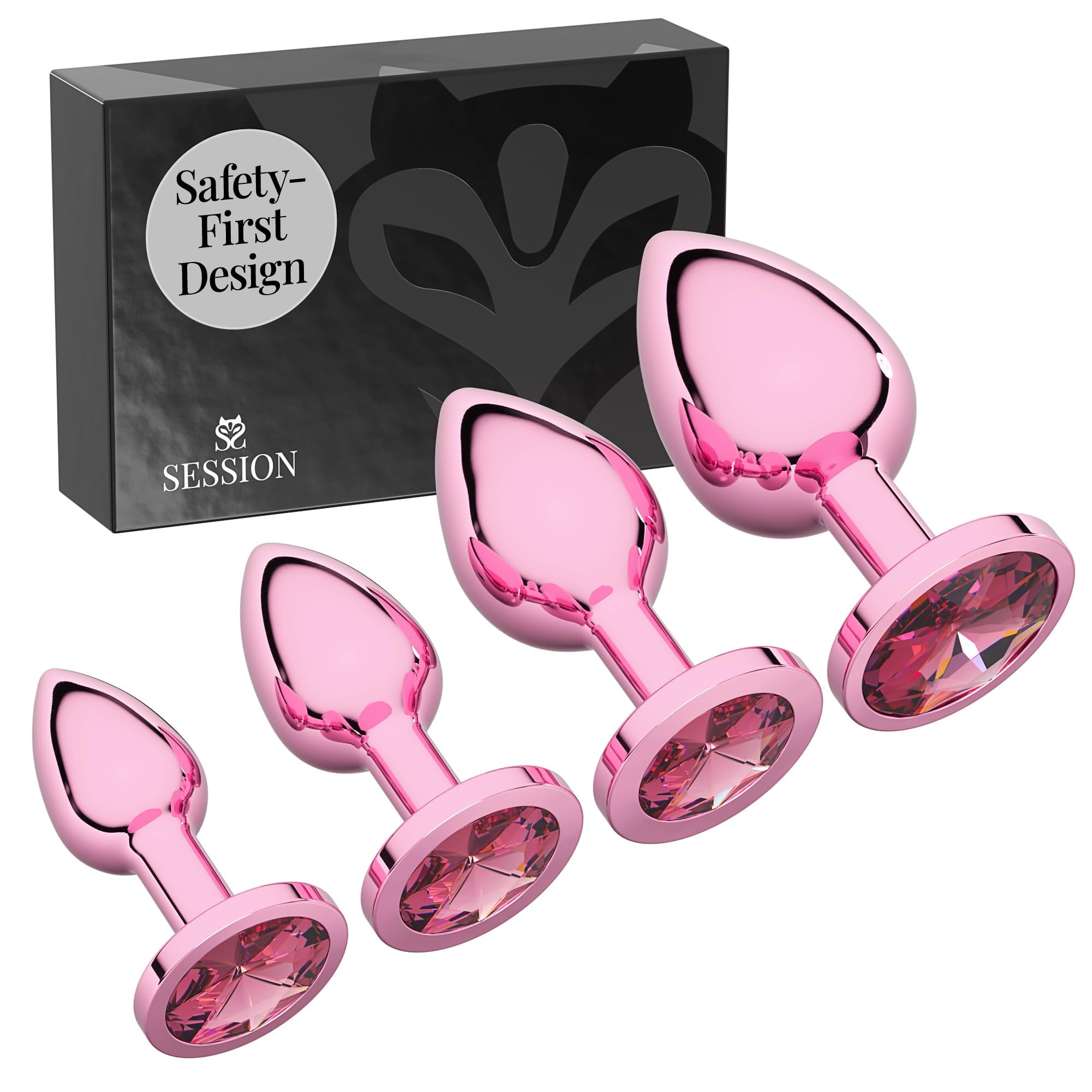 Session Jewel Butt Plug Beginner 4 Piece Set - X-Small, Small, Medium, Large - Wide Base Prevents Slippage - Metal Anal Sex Adult Toy for Men & Women - Pink & Pink - Circle Shaped Charm