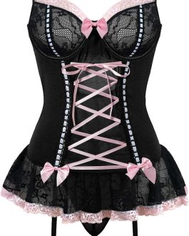Sexy Mesh Corset Ruffle Lace Up Underwire Sheer Garter Belt Babydoll Lingerie Set With Thong 3 Piece Women