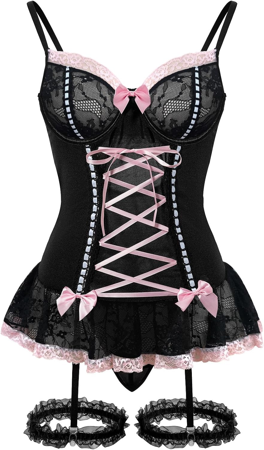 Sexy Mesh Corset Ruffle Lace Up Underwire Sheer Garter Belt Babydoll Lingerie Set With Thong 3 Piece Women