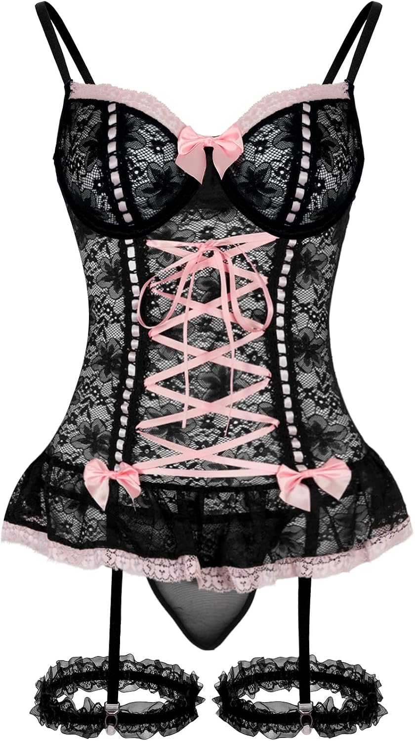 Sexy Mesh Corset Ruffle Lace Up Underwire Sheer Garter Belt Babydoll Lingerie Set With Thong 3 Piece Women