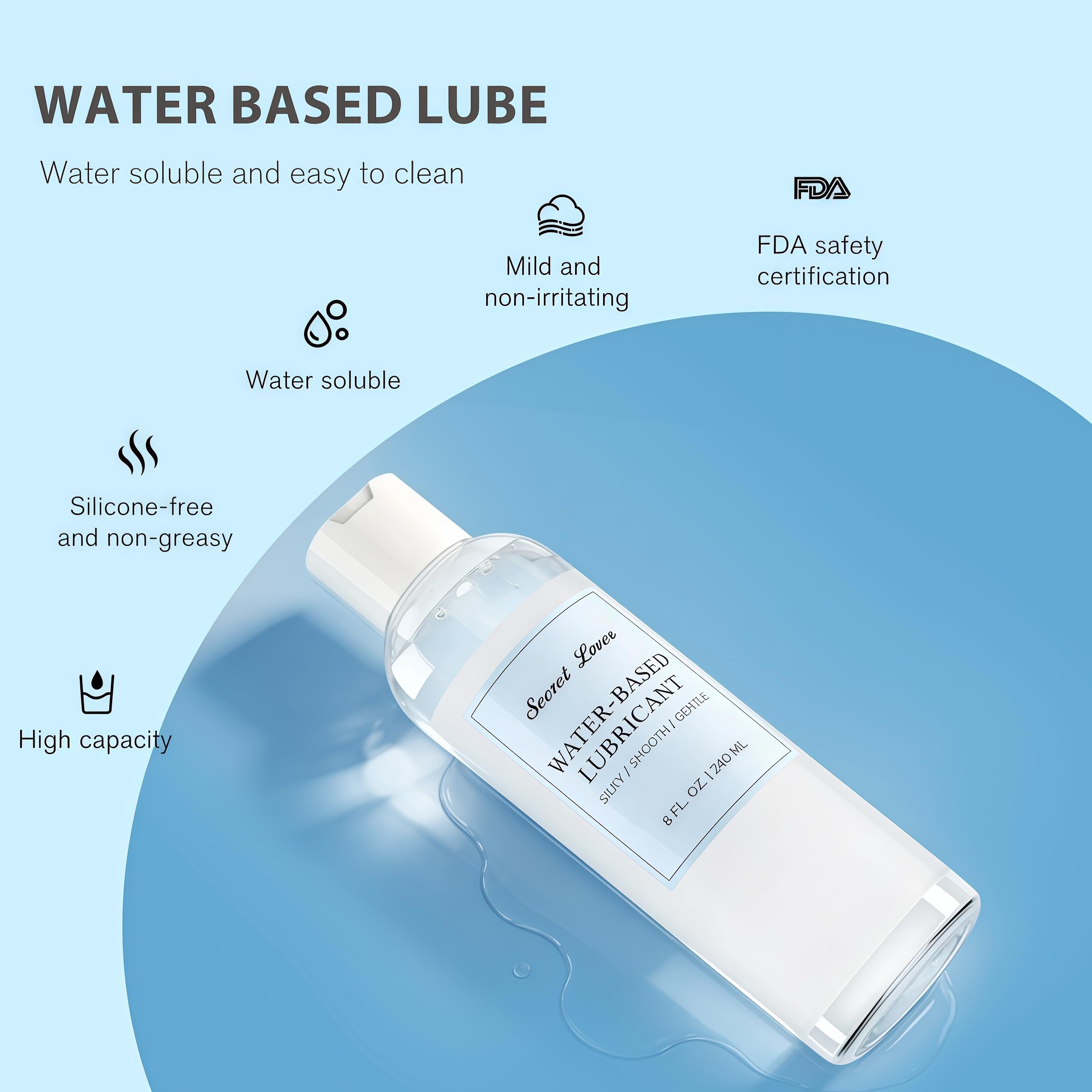 Secret Lover Water-Based Personal Lubricant, Ultra Silky Smooth Long-Lasting Lube for Women, Men, and Couples, Natural Ingredients Non-Staining, 8 Fl Oz