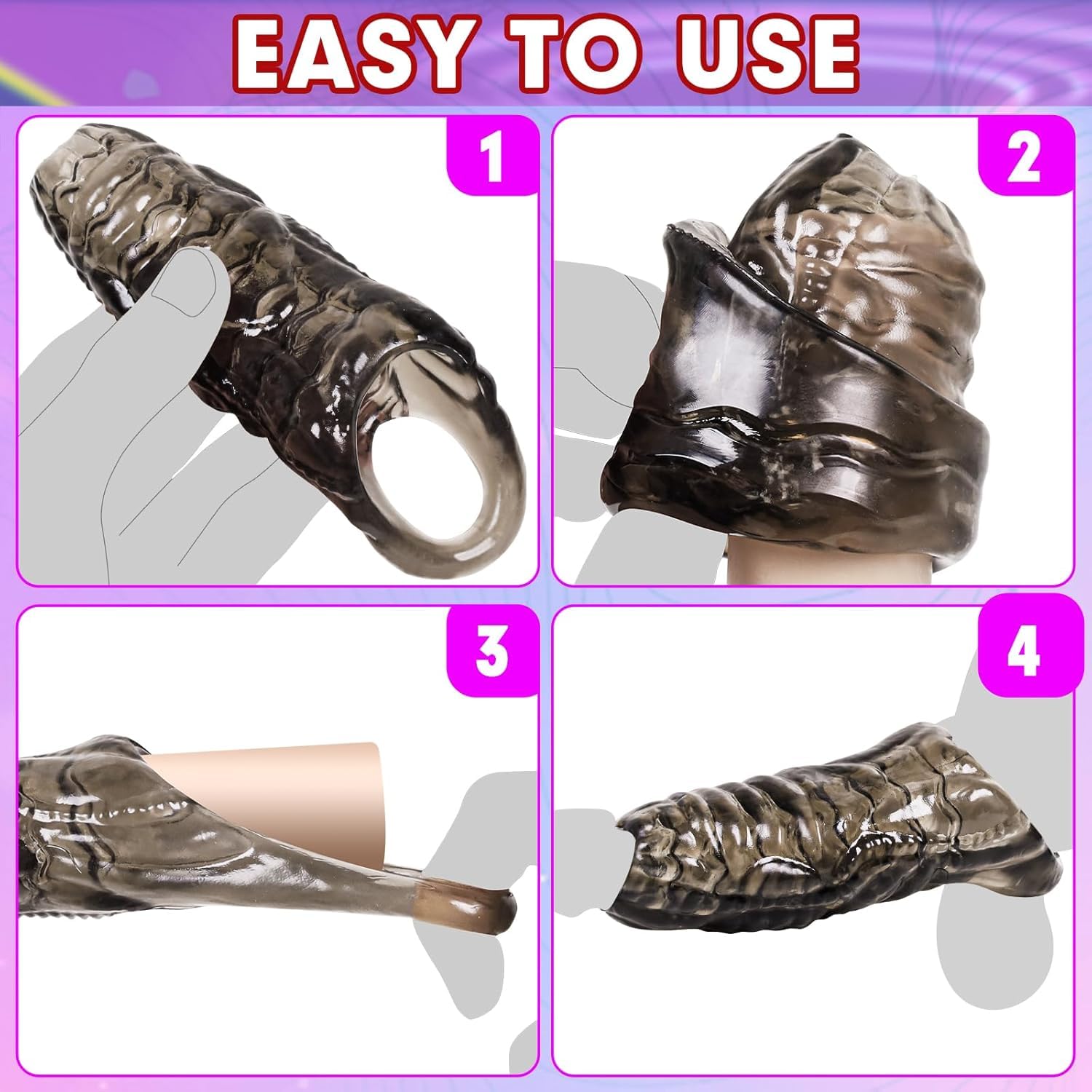 Monster Penis Sleeve with 3 Textures, Girth Enhancer for Men, Soft Silicone Cock Extender, Reusable Penis Sheath for Enlarge & Delay, Realistic Veins Sex Toys for Couples(Black)