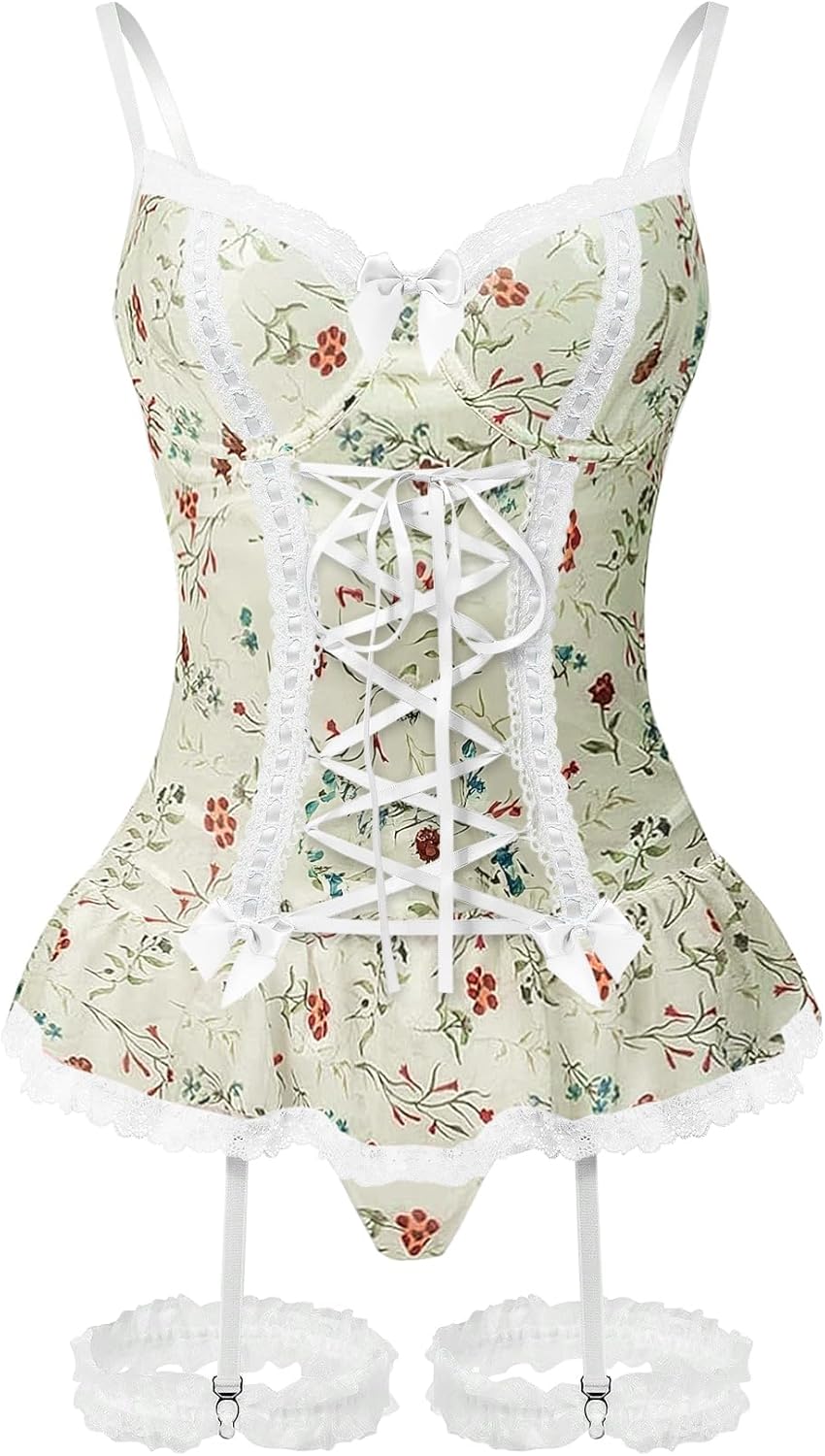 Sexy Mesh Corset Ruffle Lace Up Underwire Sheer Garter Belt Babydoll Lingerie Set With Thong 3 Piece Women