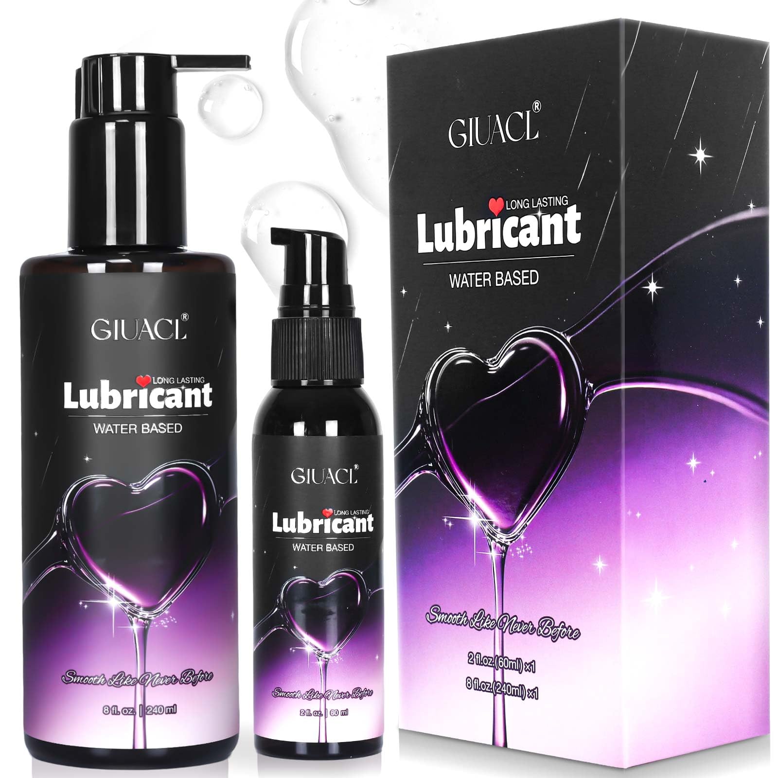 GIUACL Water Based Lube Set, 8+2oz Lubricants for Privacy and Toys, Natural Long Lasting Lube Gel for Men, Women & Couples, Non-Staining, pH Friendly (Home+Travel Size)