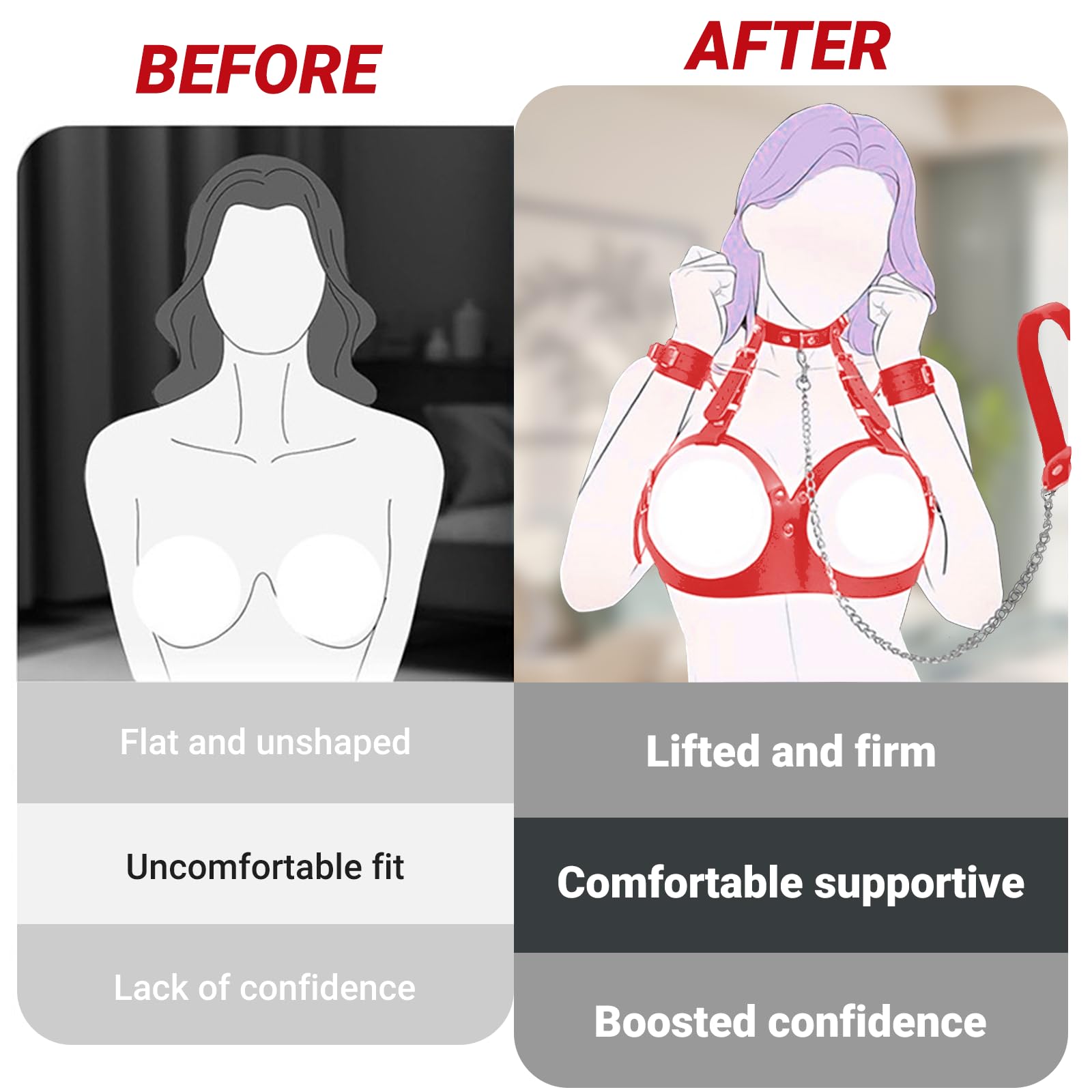 Breast Bondage Restraints Set for Couples – Adjustable Leather BDSM Harness with Handcuffs, Collar, Traction Chain & Whip – Kinky Adult Toys for Bedroom Roleplay, Fits B-E Cup (Red)
