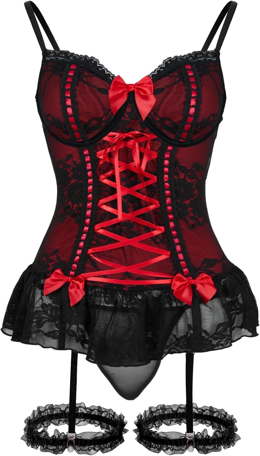 Sexy Mesh Corset Ruffle Lace Up Underwire Sheer Garter Belt Babydoll Lingerie Set With Thong 3 Piece Women