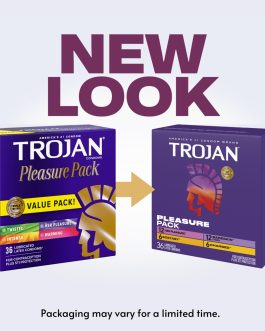 Trojan Pleasure Pack, Assorted Latex Lubricated Condoms for Men, Her Pleasure, Bareskin Studded, Ecstasy & Charged Varieties, Condom Variety Pack 36 Count