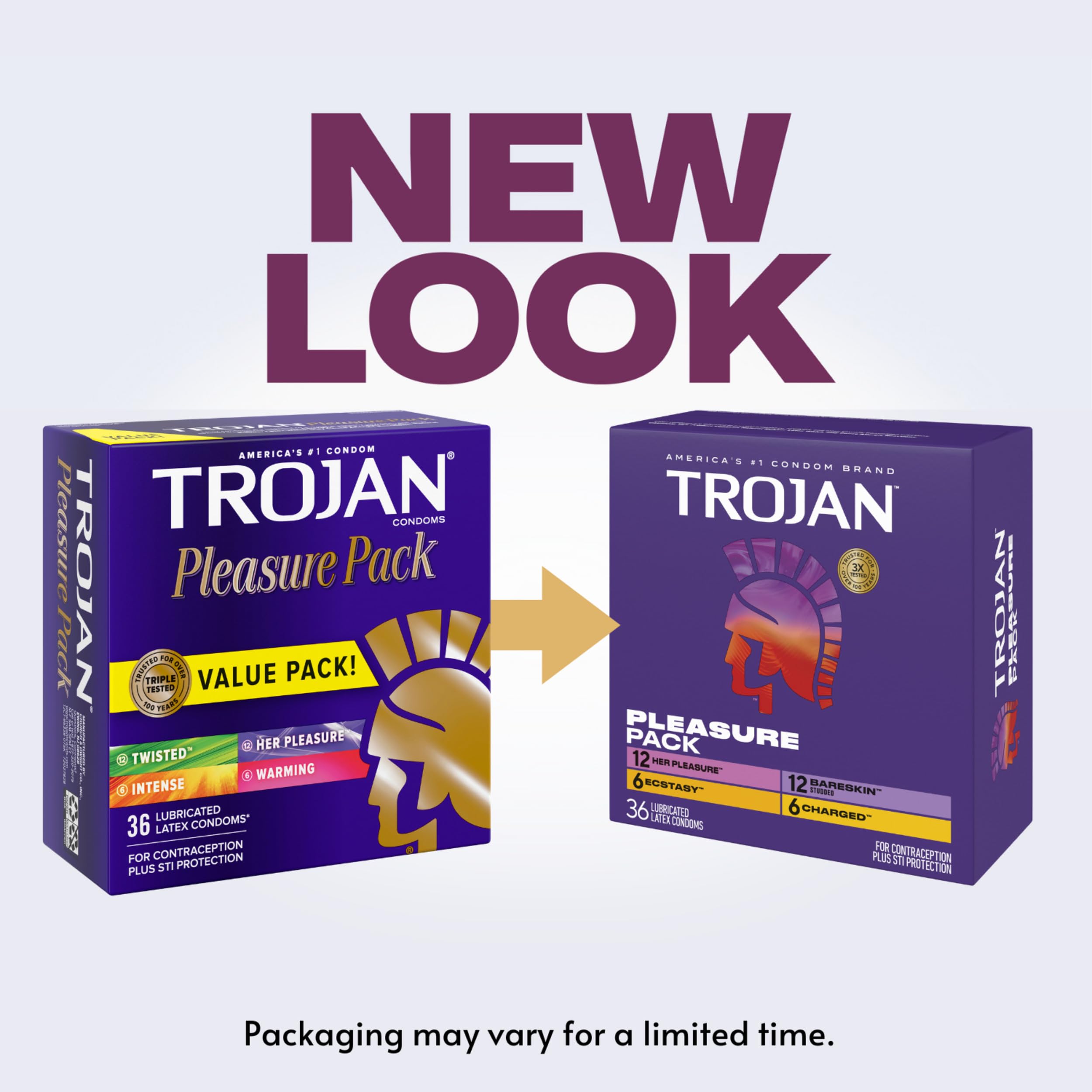 Trojan Pleasure Pack, Assorted Latex Lubricated Condoms for Men, Her Pleasure, Bareskin Studded, Ecstasy & Charged Varieties, Condom Variety Pack 36 Count