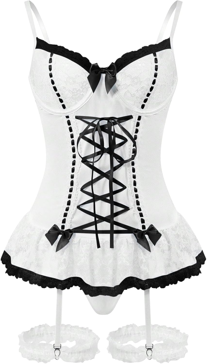 Sexy Mesh Corset Ruffle Lace Up Underwire Sheer Garter Belt Babydoll Lingerie Set With Thong 3 Piece Women