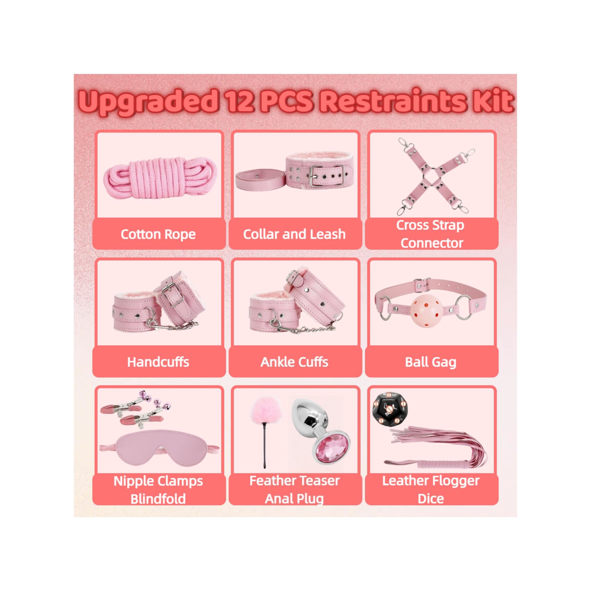 Sex Bondage Restraint Kits BDSM Toys 12 Pcs Handcuffs Ankle Cuffs Anal Plug Nipple Clamps Ball Gag Blindfold Rope Leather Restraints Set Adjustable for Adult Beginners (Pink)